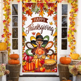 Bolisom Happy Thanksgiving Turkey Front Door Cover Decorations, Fall Harvest Pumpkin Decorative Banner Background, Autumn Maple Leaves Indoor Outdoor Home Decor 3 x 6 FT