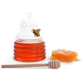 Arthur Court Bee Honey Jar and Dipper Set - Beehive Honey Dispenser for Store Honey and Syrup - Wooden Honey Dipper, Great as Honey Spoon and Syrup Dispenser - Gold Pewter5.5 inch Tall 12 Oz