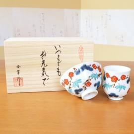 Hakuju Celebration Women's Teacup Rice Bowl Set, Arita Ware, Auspicious Shochiku Plum, Red, with Message Card Included, Wooden Box