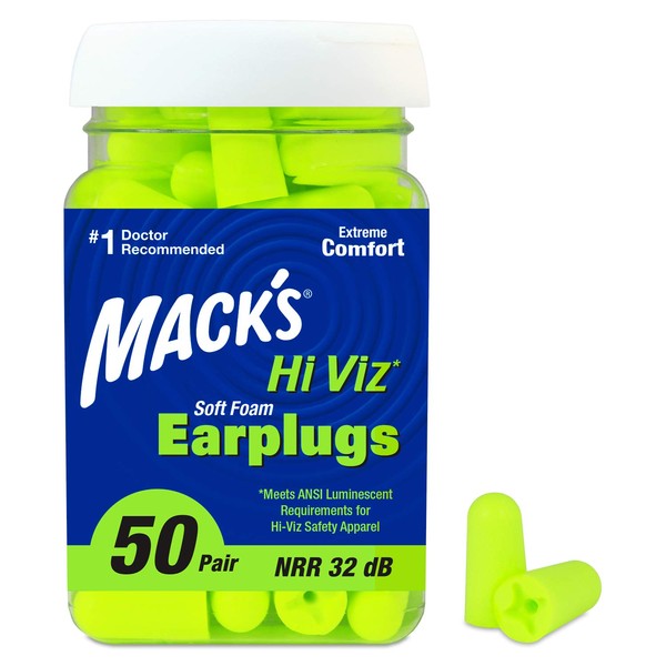 Mack’s Hi Viz Soft Foam Earplugs, 50 Pair – Most Visible Color, Easy Compliance Checks, 32dB High NRR – Comfortable, Safe Ear Plugs for Shop Work, Industrial Use, Motor Sports and Shooting