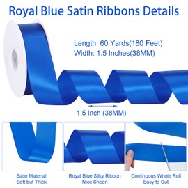 60 Yards Royal Blue Ribbon 1-1/2 inch Blue Satin Ribbon for Gift Wrapping Wedding Flower Bouquet Bows Making Graduate Mother's Day Decorations