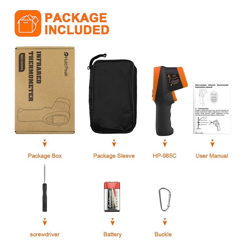 HOLDPEAK Infrared Thermometer D:S=16:1, Digital IR Thermometer 58℉~1472℉, Non-Contact High