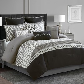 LANCO MODERN LIFESTYLE California King Comforter Set, Black, 10 Piece Bed in a Bag for All Seasons, Luxury Extreme Comfort Bedding Sets with Bedskirt, Pillow Shams, Euro Shams and Decor Pillows