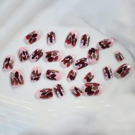 Cute Fox Press on Nails Fall Fake Nails Short Square Stick on Nail Nude Pink Acrylic Nails with Leaves Design Glue on Nail Autumn Reusable Artificial Nail for Women Nail DIY Art 24Pcs