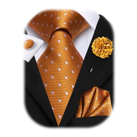 Hi-Tie Mens Tie Pocket Square Set Cufflinks Lapel Pin Silk Ties for Men Wedding Party Formal Business,Orange White Dot