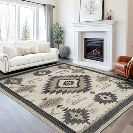 Area Rug 5x7 Western Rug Living Room Southwestern Aztec Rugs Machine Washable Tribal Navajo Southwest Rug Non Slip Printed Low-Pile Indoor Floor Carpet for Dining Room Bedroom Office, Beige