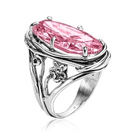 JEAN RACHEL JEWELRY 925 Sterling Silver Ring with Oval Shaped Cubic Zirconia - Floral Wire Wrap Vintage Design - Hypoallergenic, Nickel & Lead-free - Artisan Handcrafted Statement Rings for Women,Pink