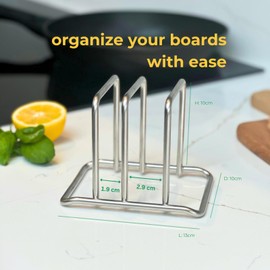 Clove Chopping Board Rack Stand 100% Stainless Steel 18/10, Cutting Board Holder Compact with 2 Compartments Extra Robust, Metal Chopping Board Organizer for Shelf Inside Cupboard