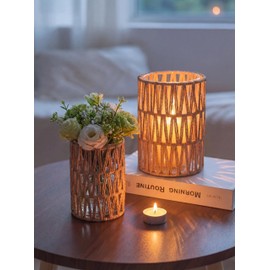 NUPTIO Rattan Boho Hurricane Lanterns: Set of 2 Pillar Candle Holders with Glass Cylinders- Farmhouse Vases for Home Coffee Table Centerpieces Decor
