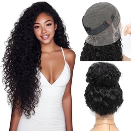 Hidden Strap Water Wave 360 Glueless Wigs Human Hair Pre Plucked Bleached Konts Skinlike HD Lace Frontal Wigs Human Hair with Drawstring 250 Density Natural Hairline Human Hair Wigs for Women 26 inch