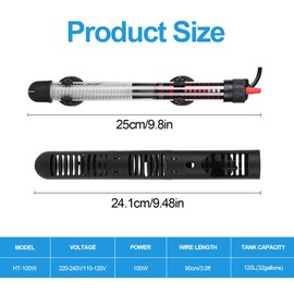 Ruikdly Aquarium Heater, 100 W 120 L Aquarium Heating Rod, Adjustable Heating Rod Aquarium with Suction Cups, Waterproof Thermostat Aquarium Heater for Fish Tanks and Aquarium (220-240 V)