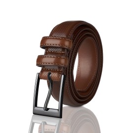 Sportoli Men's Classic Stitched Genuine Leather Uniform Dress Buckle Belt - Amber Perforated - Size 36 (Waist 34)