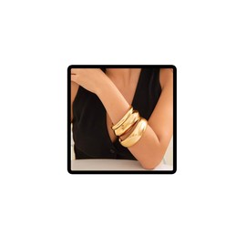 Wedity 3Pcs Chunky Bangle Bracelets Trendy Wide Surface Cuff Bracelets Arc Plain Circle Wrist Cuff Wrap Bracelet Jewelry for Women (Gold)