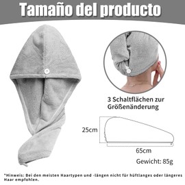 Xkzhrr Hair Turban Towel, Pack of 2 Button Hair Turban, Turban Hair Drying Towel with Button, Head Scarf Towel for Long Hair, Super Absorbent, Quick Drying Microfibre Towel (Grey)