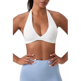 Queerier Sports Bras for Women Padded Seamless Halter Open Back Gym Yoga Bra Bralette Workout Crop Tank Top Low Impact White