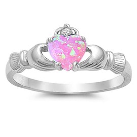 Pink Simulated Opal Cute Claddagh Ring New .925 Sterling Silver Thumb Band Size 5