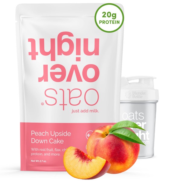 Oats Overnight - Peach Upside Down Cake - 20g Protein, High Fiber Breakfast Shake - Gluten Free, Non GMO Oatmeal (2.7 oz per meal) (8 Pack + BlenderBottle)