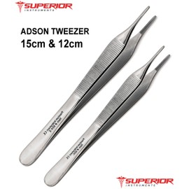 2 Pcs Dental Adson Dressing Tweezers 12cm & 15cm Forceps Serrated Tip Picking Pliers Instruments
