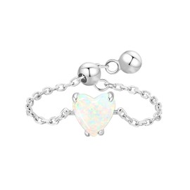 KristLand Chain Rings Heart Opal Ring 925 Sterling Silver Adjustable Ring for Womens Birthday Holiday Jewelry Gift for Ladies