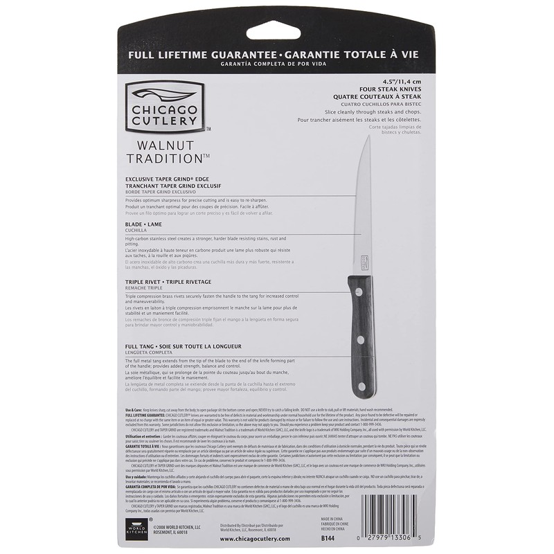 Chicago Cutlery B144 4pc Walnut Tradition Steak Knife Set
