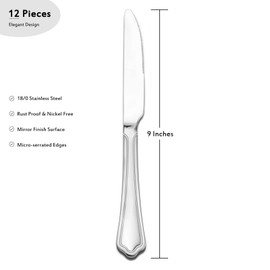 E-far Dinner Knives Set of 6, 9 Inch Stainless Steel Serrated Steak Butter Knife for Home Kitchen Restaurant, Scalloped Edge & Non-toxic - Dishwasher Safe