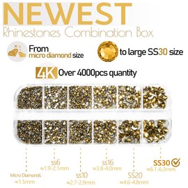 4010pcs Mine Gold Nail Art Rhinestones Kit Makeup Glue Fix Flatback Rhinestones Metallic Golden Nail Charms 6 Sizes (1.6-6.1mm) Up to SS30 Round Nail Gems Stones w Picking Pen for Nail Eye Face Makeup