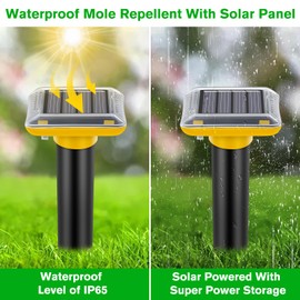 JNKNT Ultrasonic Mole Repellent Outdoor, Solar-Powered Gopher Repellent for Lawn Yard and Garden, Waterproof Mole Killer Traps, Effectively Repels Gopher Snake Vole Groundhog, Yellow-2 Pack