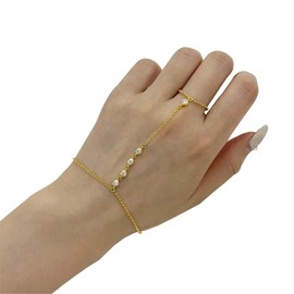 14K Gold CZ Diamond Finger Ring Bracelet Hand Chain for Women, 925 Sterling Silver Slave Bracelets 7" to 9" Adjustable
