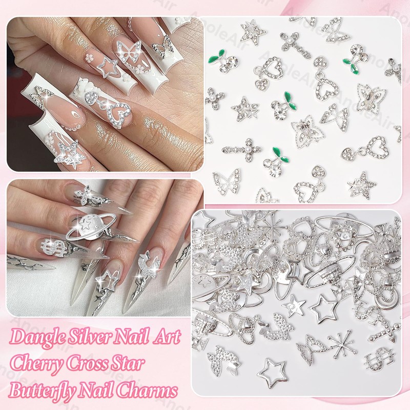 96 Pcs Cross Star Silver Nail Charms Gems, Butterfly Cross