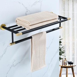 Black Brushed Gold Towel Rack 24'' Bath Towel Shelf with Towel Bars SUS304 Matte Black Stainless Steel Wall Mounted，Modern Bathroom Storage Shelf