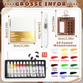 PIIMNT Mini Watercolour Set, Pocket Watercolour Set, 12 Colours, Portable Wooden Mixing Palette, Watercolours for Children from 6-12 (8 Grids)