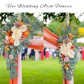 ponatia Dusty Rose Artificial Wedding Arch Flowers Kit (Pack of 3) with 26Ft 2PCS Shiny Wedding Arch Draping Fabric, Burnt Orange Arch Flowers for Wedding Ceremony and Reception Backdrop Decoration
