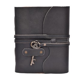 LEATHER VILLAGE Vintage Leather Journal – 200 Handmade Vintage Deckle Edge Paper – Leather bound Journal For Women Men – Vintage Key Closure - Book of Shadows - Black - 6X4 inches (A6)