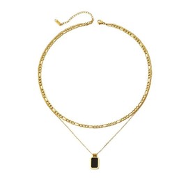 XYWstore Women's Alloy Double-Layer Square Pendant Cuban Chain Necklace, Gold Tone