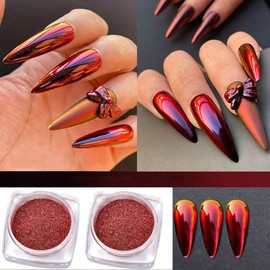 Red Chrome Nail Powder Set, 2 Jars Reflective Glitter Metallic Mirror Effect for Nails Art Design 3D Holographic Red Pigment Dust Decorations