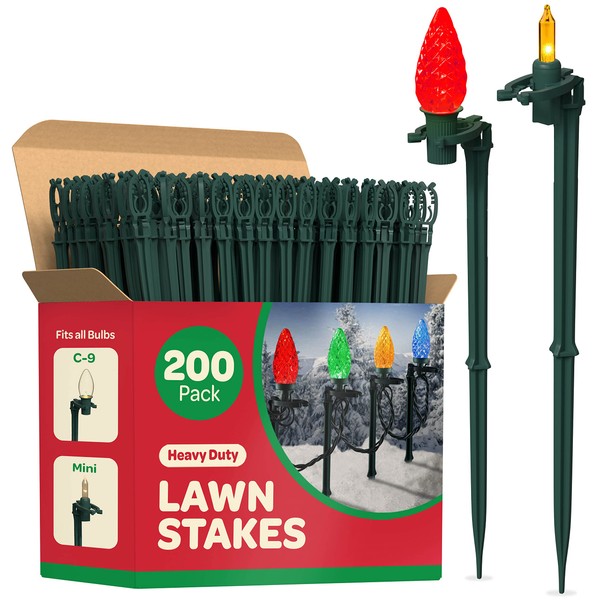 Christmas Light Yard Stakes [Set of 200] Outdoor Light Stakes - 8.5" Tall - Universal Christmas Pathway Lights On Yards, Driveways - Christmas Yard Stakes - Driveway Christmas Light Stakes - USA Made