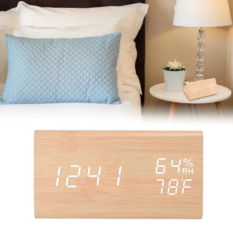 Triangular Digital Wooden Clock Time Date Temperature Humidity Display Alarm