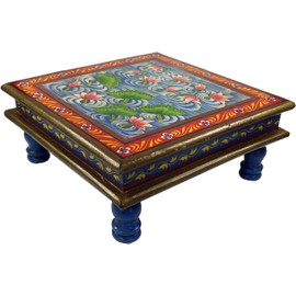 Guru-Shop Painted Small Table, Mini Table, Flower Bench - Water Lily Green/Red, 16 x 38 x 38 cm, Coffee Tables & Floor Table