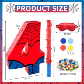 Spider Web Number 4 Pinata,Stick,Blindfold and Confetti Set,Spider Web Birthday Party Supplies,4th Birthday Party Decoration, 28 x 40 x 7cm (4th)