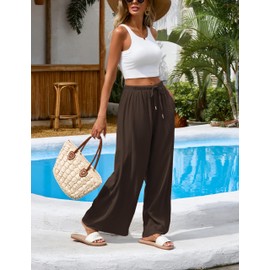 Faleave Women's Linen Palazzo Pants Summer Wide Leg High Waist Casual Lounge Pant Trousers with Pocket(Coffee-S)