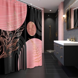QGHOT Black and Pink Shower Curtain Boho Mid Century Dark Pink and Gray Shower Curtains for Bathroom Decor, Waterproof Cloth Fabric with Hooks, 70" W x 72" L