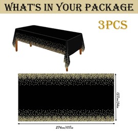 3pcs 137 x 274cm Black Gold Dot Disposable PVC Table Cloth Wipeable Tablecloths Rectangular, Plastic Clean Tablecloth Waterproof, Oil-proof Table Cover for Birthdays Table Cover for Picnic, Christmas