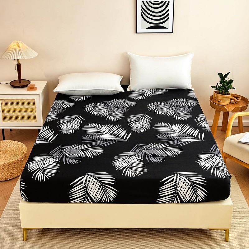 Jemiipee Super King Fitted Sheet Black Tropical Leaves Pattern, 30