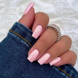 Rose Pink Chrome Square Press on Nails Medium,KQueenest Glitter Mirror Plating False Acrylic Nails Press Ons,Natural Fit Glue on Nails Short Coffin,Light Stick on Nails for Women in 24 PCS