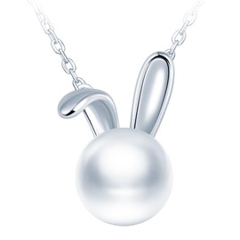 CPSLOVE Elegant Women's Sterling Silver Pearl Necklace 925 Silver Girls Creative Chains with Cute Rabbit Pendant, Sterling Silver Pearl, Pearl