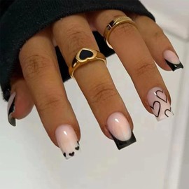 Press on Nails Medium Square Fake Nails Black French Tip False Nails with Designs Black Heart Full Cover Acrylic Stick on Nails Glossy Glue on Nails Reusable Nude Artificial Nails for Women 24pcs