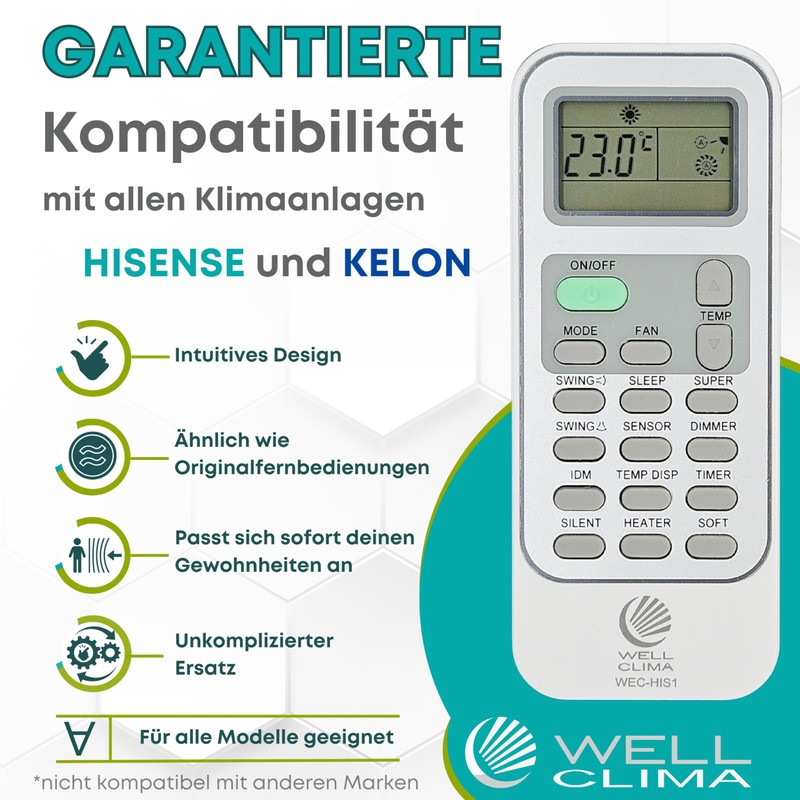 Wellclima WEC-HIS1 Air Conditioning Remote Control for Hisense, Kelon, Wintair,