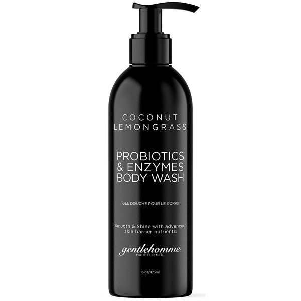 Probiotic Body Wash for Men - Enzymes & Natural Probiotics Formula for Sensitive Skin - Coconut & Lemongrass Shower Gel - Gently Cleans & Moisturize Skin for Acne, Psoriasis, Rosacea - 16 fl oz.