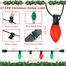 25Ft C7 LED Red White and Green Christmas Lights, Outdoor Christmas String Lights with 27 LED Bulbs, Commercial Hanging Vintage Christmas Lights for Holidays Roofline Patio Garden Party Wedding Decor