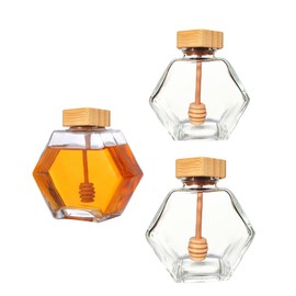 Ebonee Glass Honey Jar Pot with Wooden Dipper and Lid, 7 Oz Transparent Hexagon Honey Container Dispenser Storage, 220 ml Clear Airtight Jam Syrup Honeypot (3 Pack)